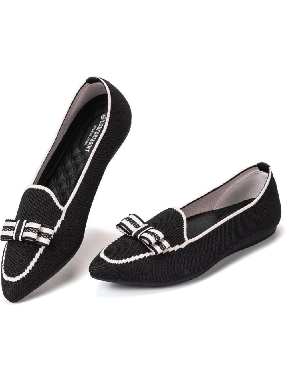 Women's Black White Pointed Toe Knit Fabric Lace Up Washable Loafer Flat Shoes